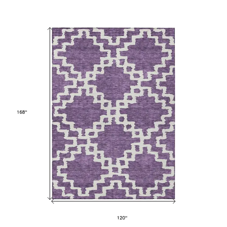 10' X 14' Purple And Ivory Geometric Washable Indoor Outdoor Area Rug