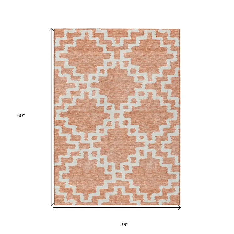 3' X 5' Salmon And Ivory Geometric Washable Indoor Outdoor Area Rug