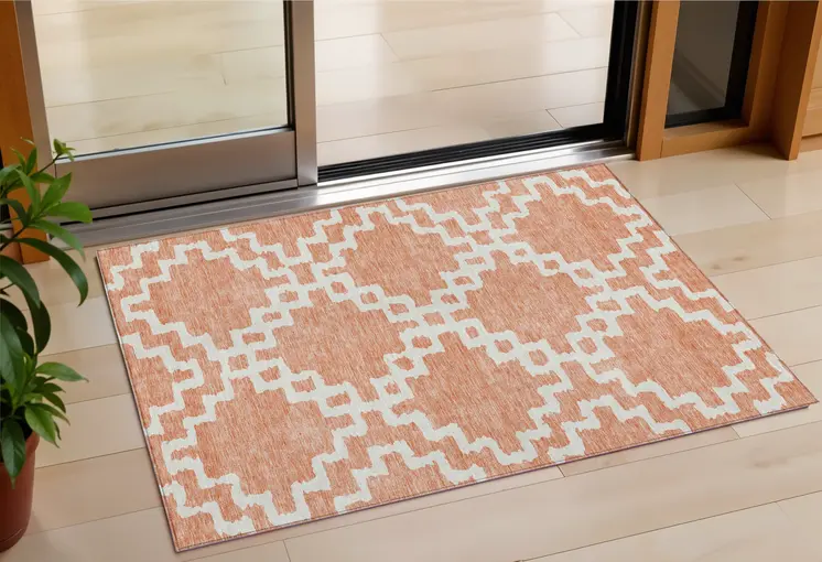3' X 5' Salmon And Ivory Geometric Washable Indoor Outdoor Area Rug