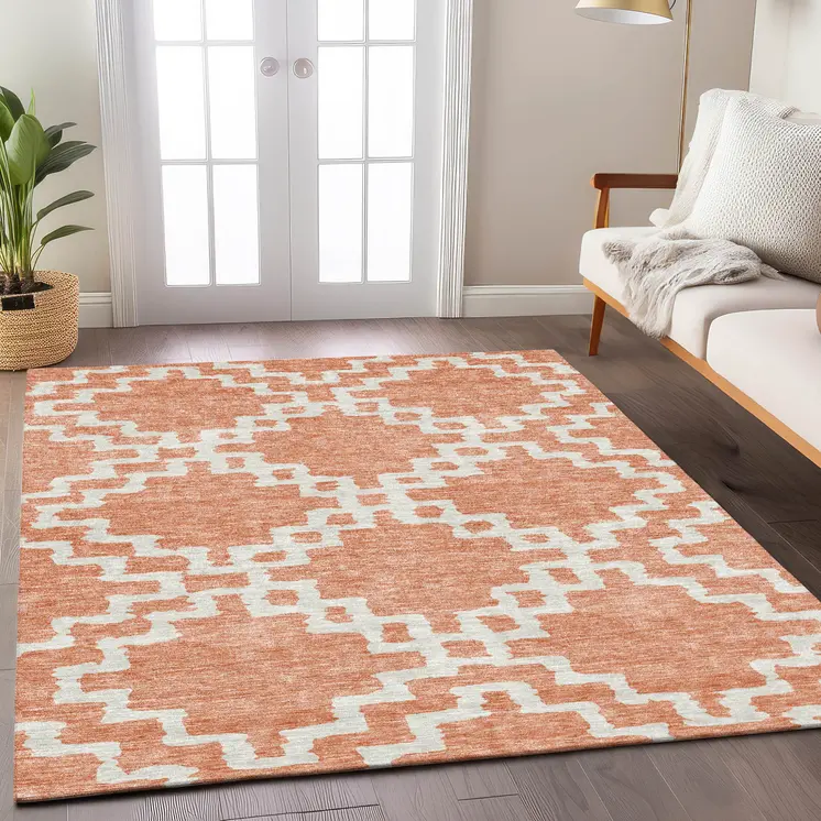 3' X 5' Salmon And Ivory Geometric Washable Indoor Outdoor Area Rug