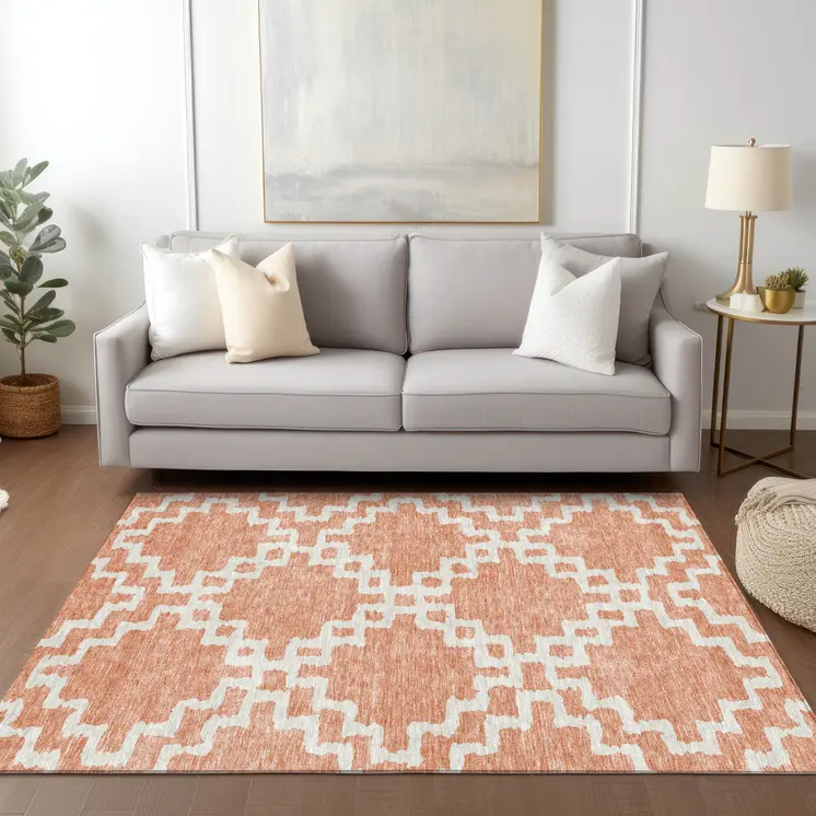 3' X 5' Salmon And Ivory Geometric Washable Indoor Outdoor Area Rug