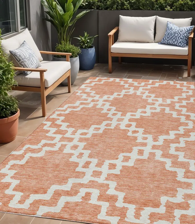 5' X 8' Salmon And Ivory Geometric Washable Indoor Outdoor Area Rug