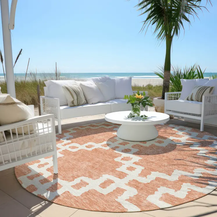 8' Salmon And Ivory Round Geometric Washable Indoor Outdoor Area Rug