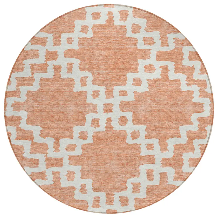 8' Salmon And Ivory Round Geometric Washable Indoor Outdoor Area Rug