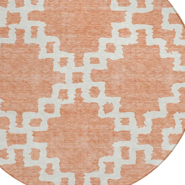 8' Salmon And Ivory Round Geometric Washable Indoor Outdoor Area Rug