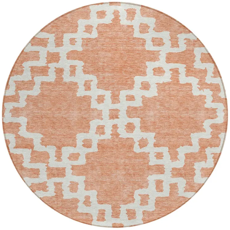 8' Salmon And Ivory Round Geometric Washable Indoor Outdoor Area Rug