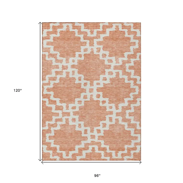 8' X 10' Salmon And Ivory Geometric Washable Indoor Outdoor Area Rug