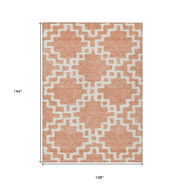 9' X 12' Salmon And Ivory Geometric Washable Indoor Outdoor Area Rug