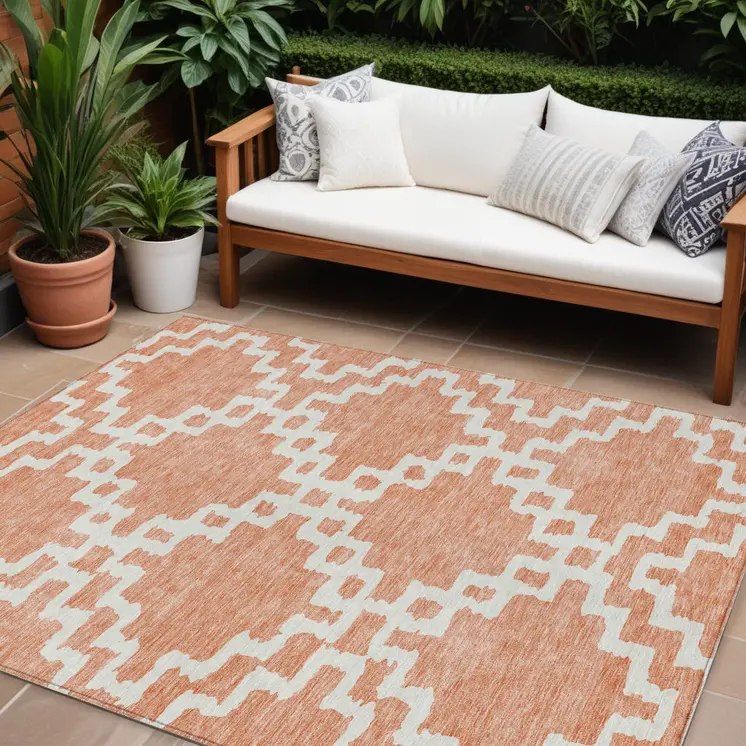9' X 12' Salmon And Ivory Geometric Washable Indoor Outdoor Area Rug