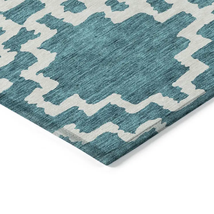 3' X 5' Teal Blue And Ivory Geometric Washable Indoor Outdoor Area Rug