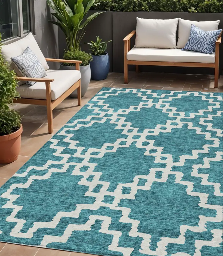 5' X 8' Teal Blue And Ivory Geometric Washable Indoor Outdoor Area Rug