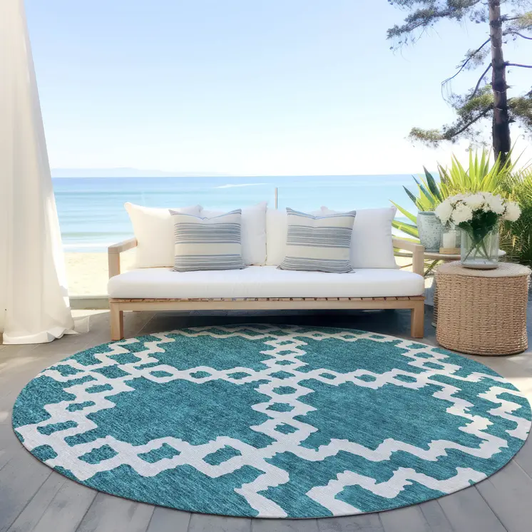 8' Teal Blue And Ivory Round Geometric Washable Indoor Outdoor Area Rug