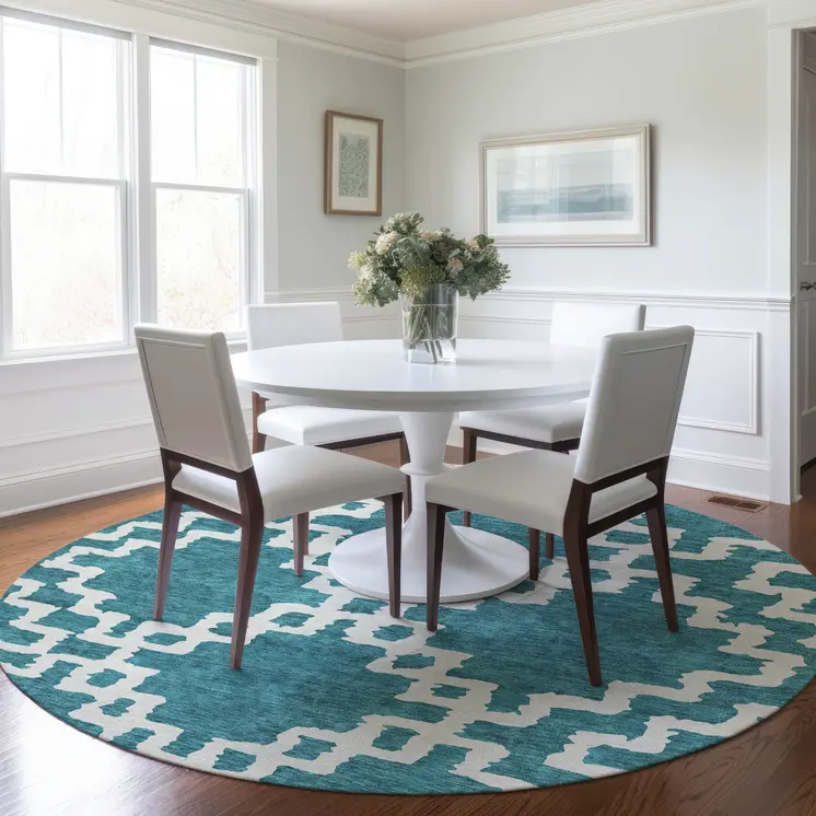 8' Teal Blue And Ivory Round Geometric Washable Indoor Outdoor Area Rug