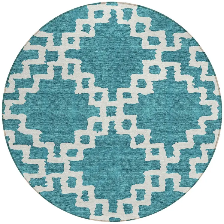 8' Teal Blue And Ivory Round Geometric Washable Indoor Outdoor Area Rug