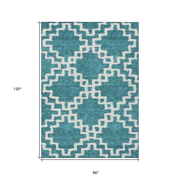 8' X 10' Teal Blue And Ivory Geometric Washable Indoor Outdoor Area Rug