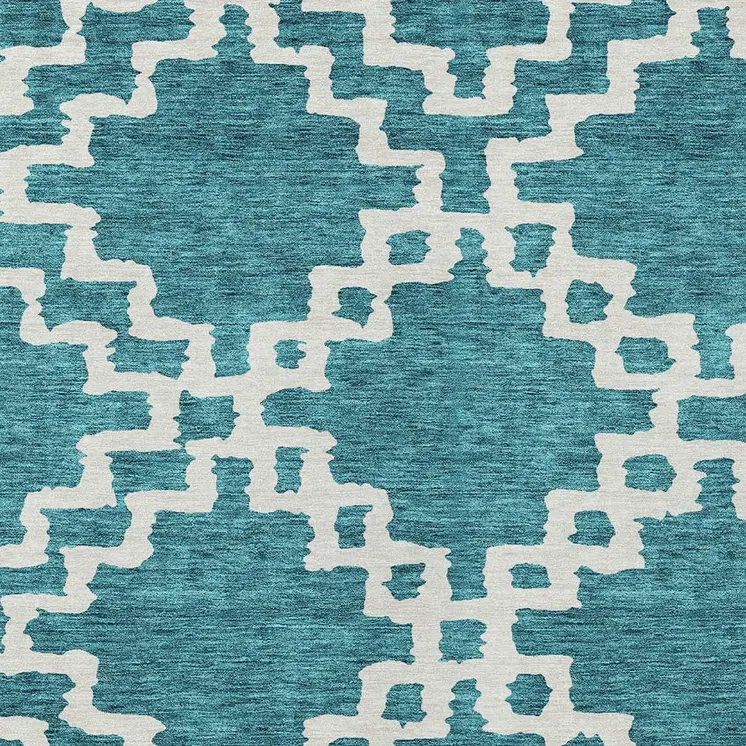 8' X 10' Teal Blue And Ivory Geometric Washable Indoor Outdoor Area Rug