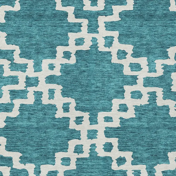 9' X 12' Teal Blue And Ivory Geometric Washable Indoor Outdoor Area Rug