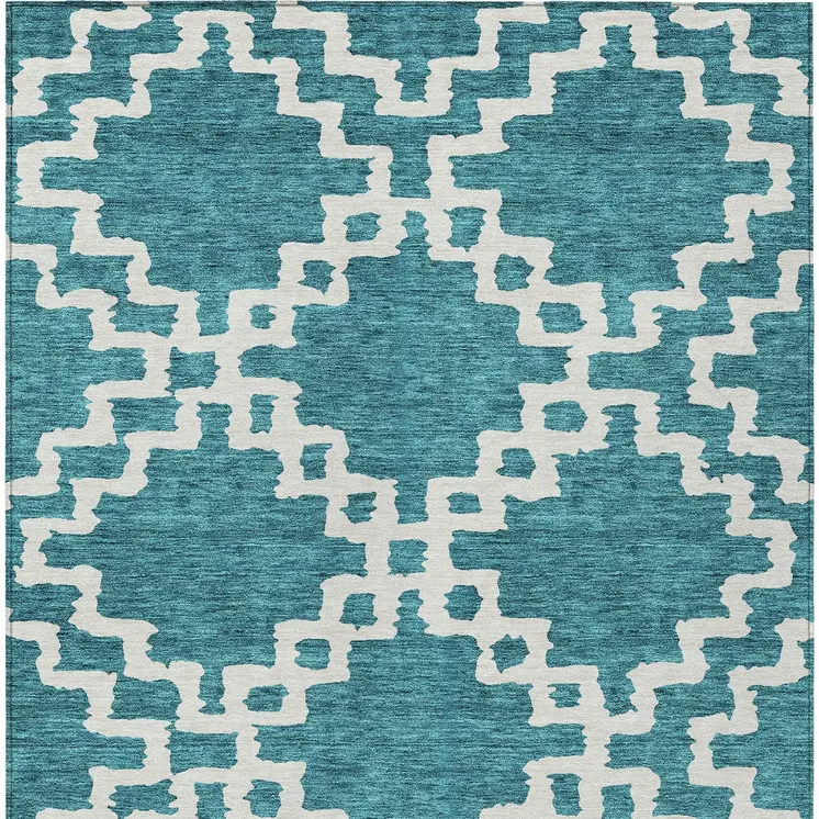10' X 14' Teal Blue And Ivory Geometric Washable Indoor Outdoor Area Rug