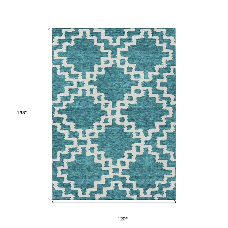 10' X 14' Teal Blue And Ivory Geometric Washable Indoor Outdoor Area Rug