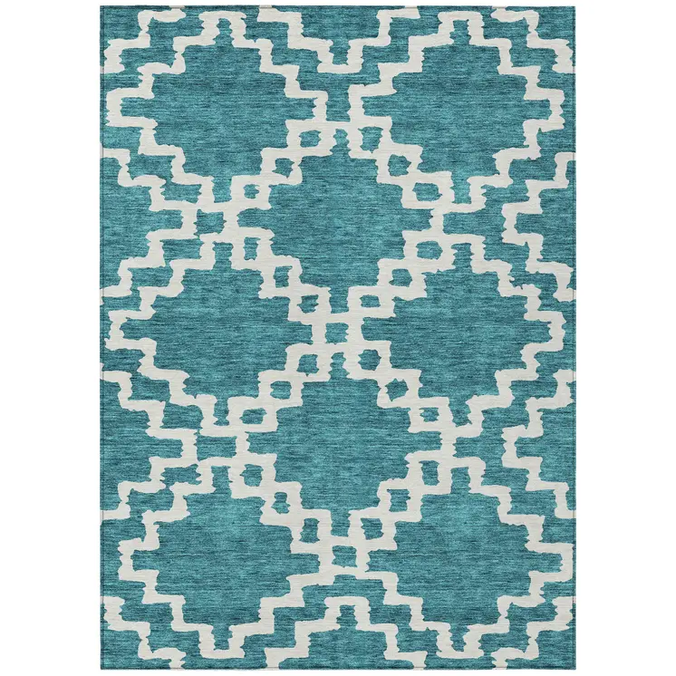10' X 14' Teal Blue And Ivory Geometric Washable Indoor Outdoor Area Rug