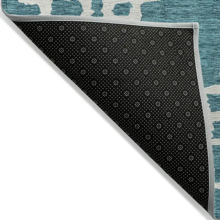 10' X 14' Teal Blue And Ivory Geometric Washable Indoor Outdoor Area Rug