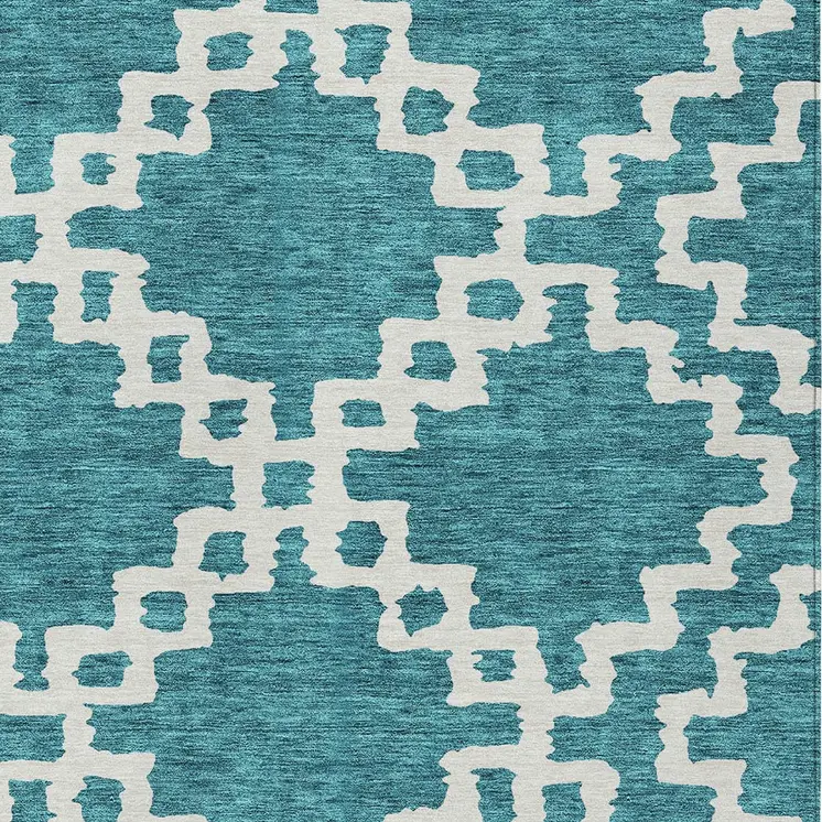 10' X 14' Teal Blue And Ivory Geometric Washable Indoor Outdoor Area Rug