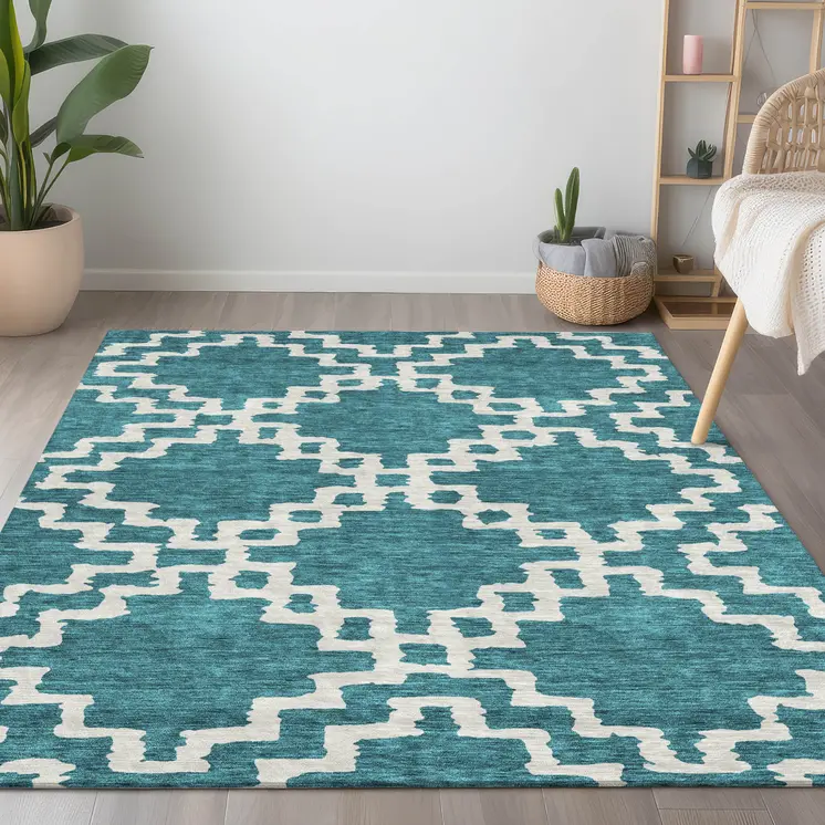 10' X 14' Teal Blue And Ivory Geometric Washable Indoor Outdoor Area Rug