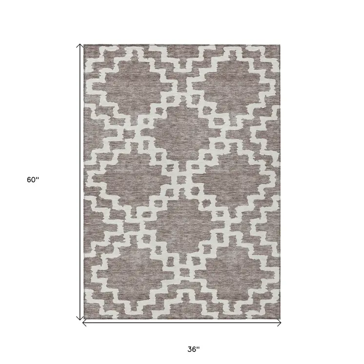 3' X 5' Taupe And Ivory Geometric Washable Indoor Outdoor Area Rug