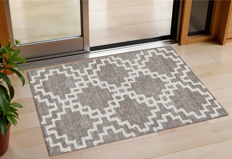3' X 5' Taupe And Ivory Geometric Washable Indoor Outdoor Area Rug