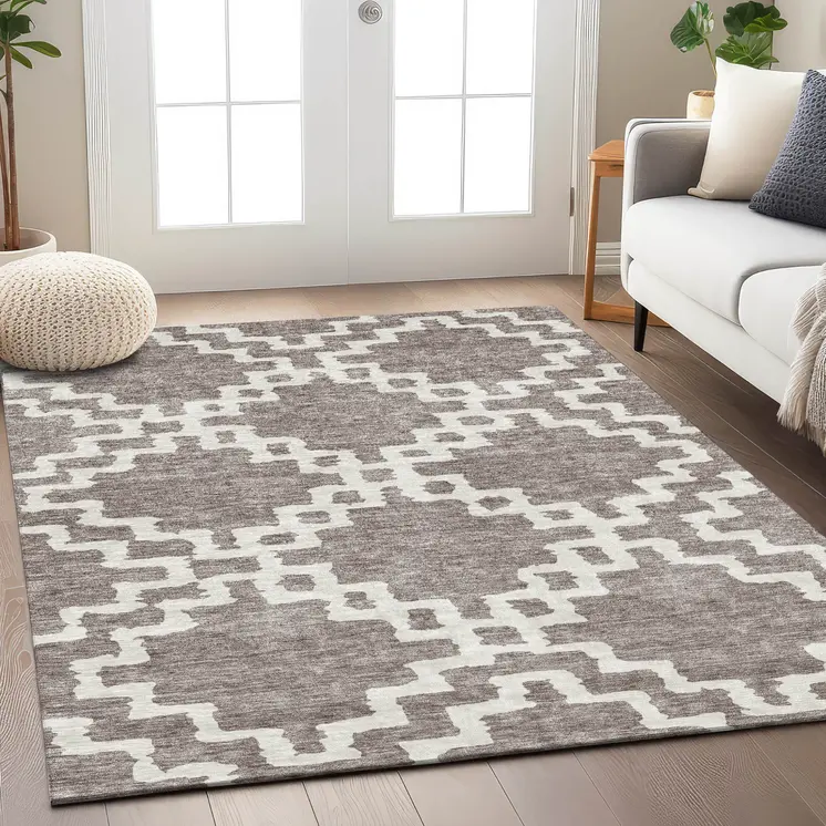 3' X 5' Taupe And Ivory Geometric Washable Indoor Outdoor Area Rug