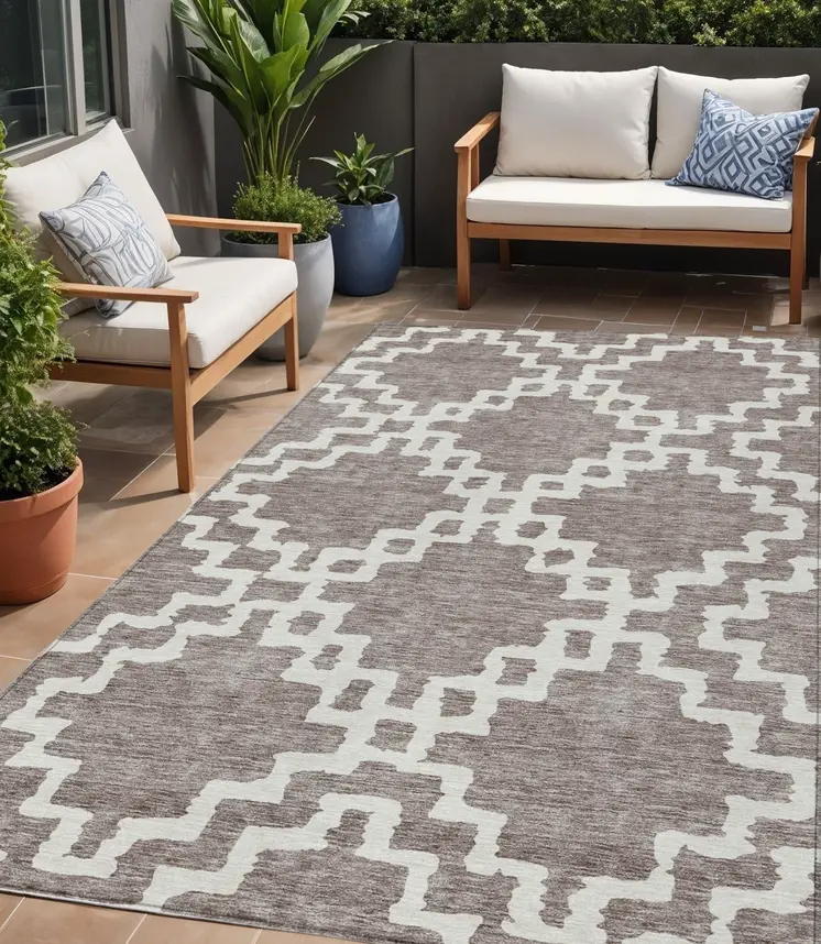 5' X 8' Taupe And Ivory Geometric Washable Indoor Outdoor Area Rug