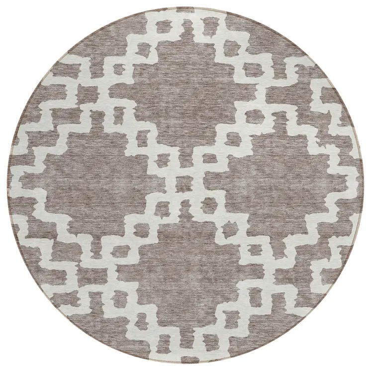 8' Taupe And Ivory Round Geometric Washable Indoor Outdoor Area Rug