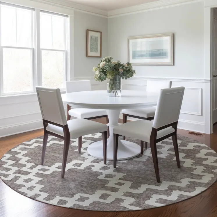 8' Taupe And Ivory Round Geometric Washable Indoor Outdoor Area Rug