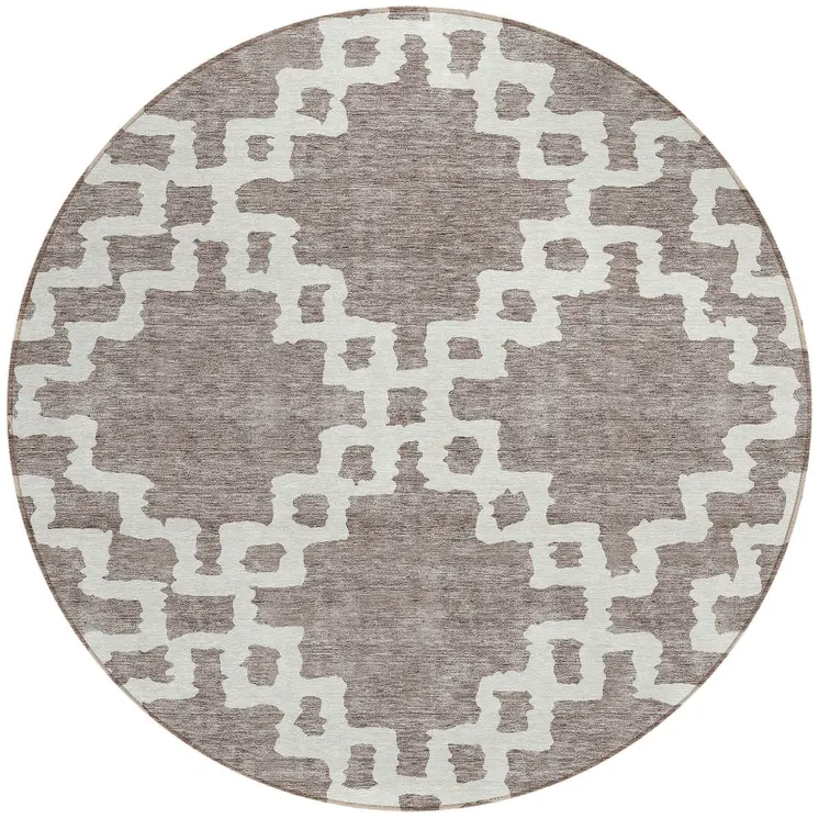 8' Taupe And Ivory Round Geometric Washable Indoor Outdoor Area Rug