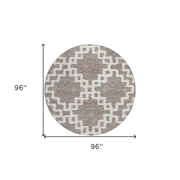 8' Taupe And Ivory Round Geometric Washable Indoor Outdoor Area Rug