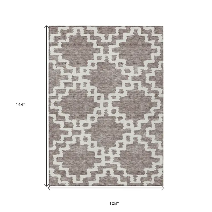 9' X 12' Taupe And Ivory Geometric Washable Indoor Outdoor Area Rug