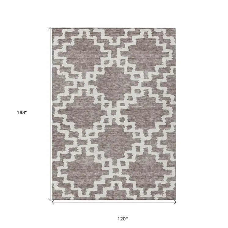 10' X 14' Taupe And Ivory Geometric Washable Indoor Outdoor Area Rug