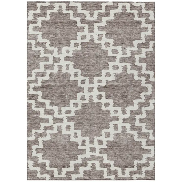 10' X 14' Taupe And Ivory Geometric Washable Indoor Outdoor Area Rug