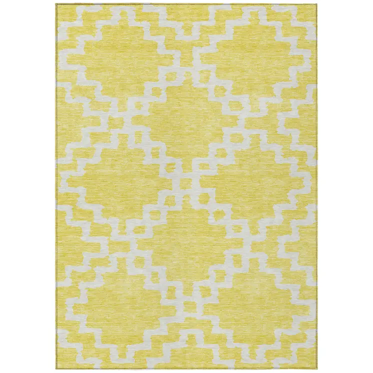 5' X 8' Yellow And Ivory Geometric Washable Indoor Outdoor Area Rug