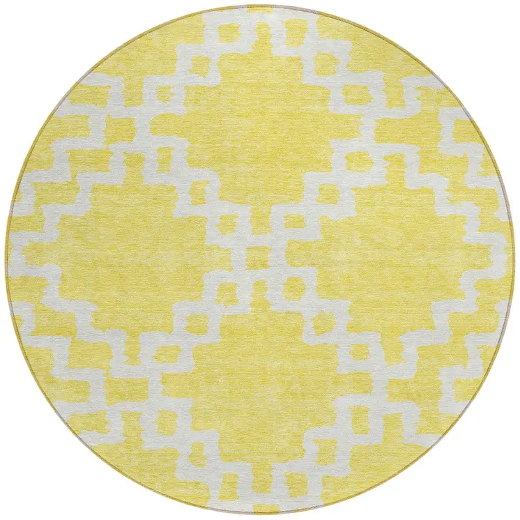 8' Yellow And Ivory Round Geometric Washable Indoor Outdoor Area Rug