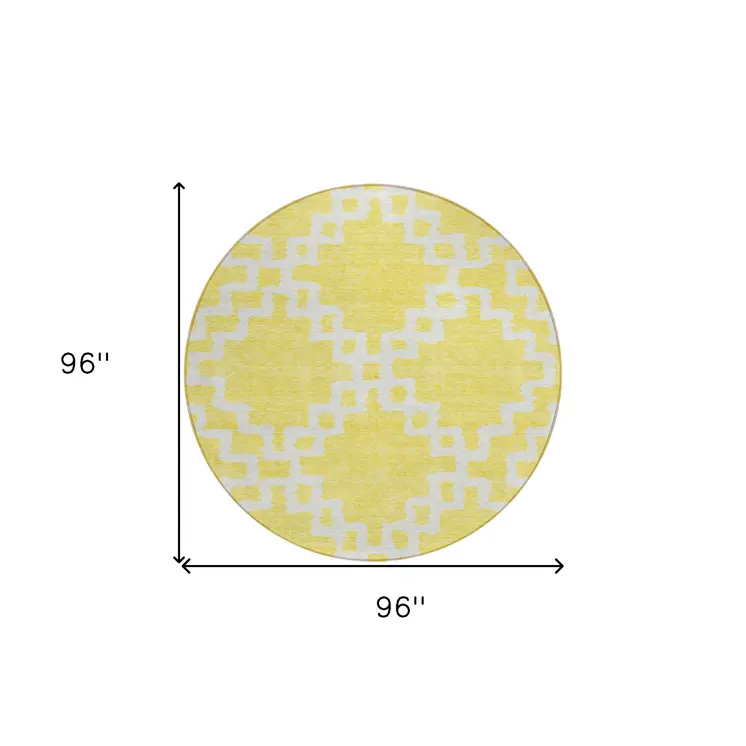 8' Yellow And Ivory Round Geometric Washable Indoor Outdoor Area Rug
