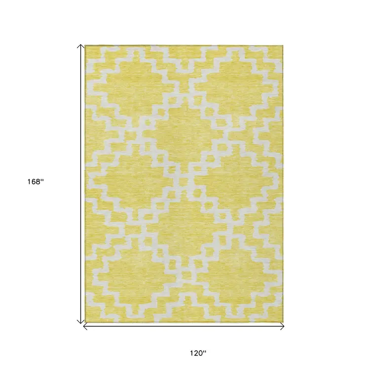 10' X 14' Yellow And Ivory Geometric Washable Indoor Outdoor Area Rug