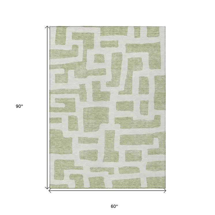 5' X 8' Artichoke Green And Ivory Abstract Washable Indoor Outdoor Area Rug