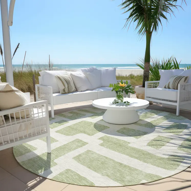 8' Artichoke Green And Ivory Round Abstract Washable Indoor Outdoor Area Rug