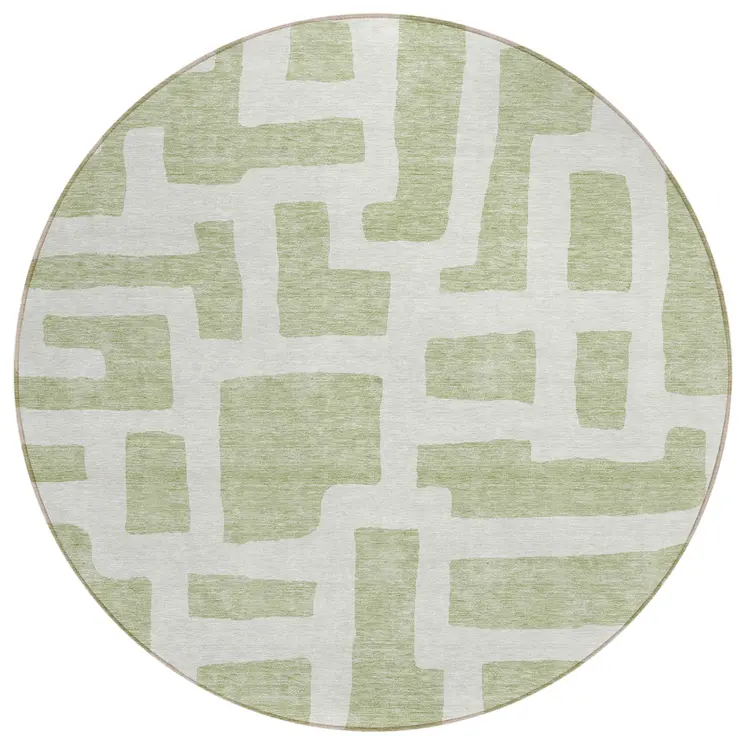 8' Artichoke Green And Ivory Round Abstract Washable Indoor Outdoor Area Rug