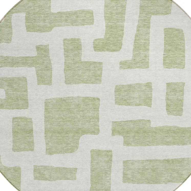 8' Artichoke Green And Ivory Round Abstract Washable Indoor Outdoor Area Rug