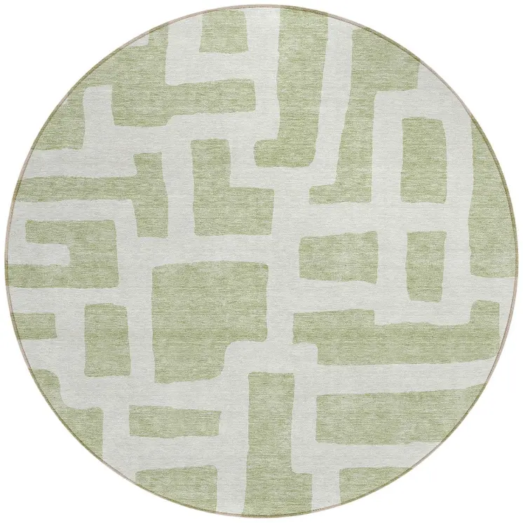 8' Artichoke Green And Ivory Round Abstract Washable Indoor Outdoor Area Rug