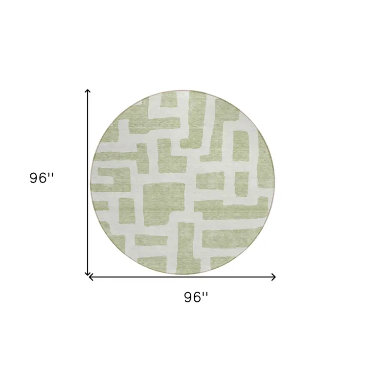8' Artichoke Green And Ivory Round Abstract Washable Indoor Outdoor Area Rug