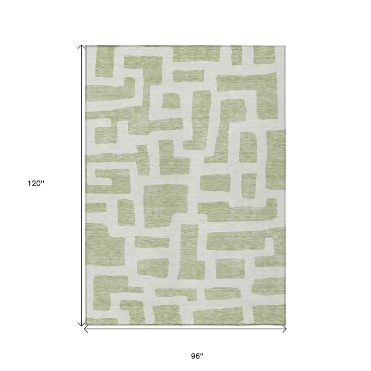 8' X 10' Artichoke Green And Ivory Abstract Washable Indoor Outdoor Area Rug