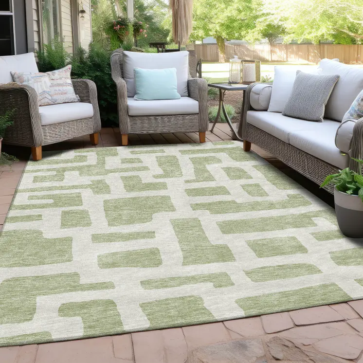 8' X 10' Artichoke Green And Ivory Abstract Washable Indoor Outdoor Area Rug